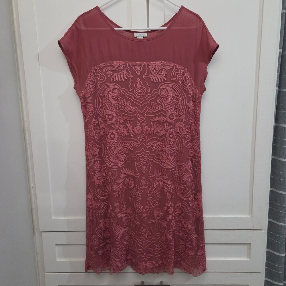 Sundance Lillian Rose Pink Embroidered Shift Dress Boho Peasant Womens Small
